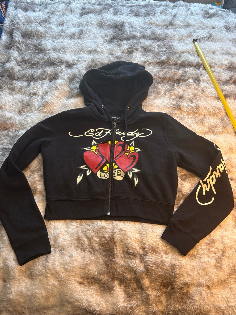Ed Hardy Black Cropped Zip Hoodie with Red Heart Motif